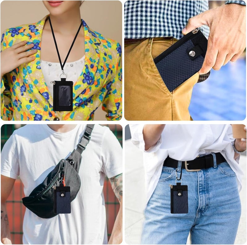 MASAPHIL MASAPHlL Small Lanyard Wallet for Women/Men with RFID Blocking ID Badge Holder, Minimalist Nylon Zipper Pouch, Travel Neck Wallet with Keychain, ID Window for Card,Coin,Cash (Dark Blue+Black) - Image 2